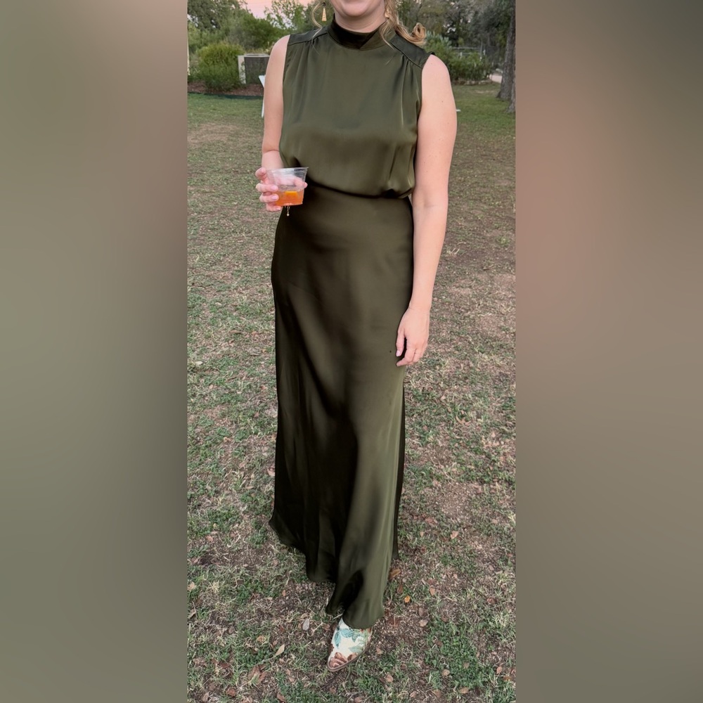 Lulu's Classic Elegance Olive Satin Sleeveless Mock Neck Maxi Dress